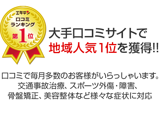 大手口コミサイトで地域人気１位を獲得!! 口コミで毎月多数のお客様がいらっしゃいます。交通事故治療、スポーツ外傷・障害、骨盤矯正、美容整体など様々な症状に対応